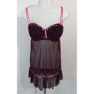 Vintage Per Lei Y2K Heart Print Black Pink Sheer Lingerie Babydoll Chemise Sz M